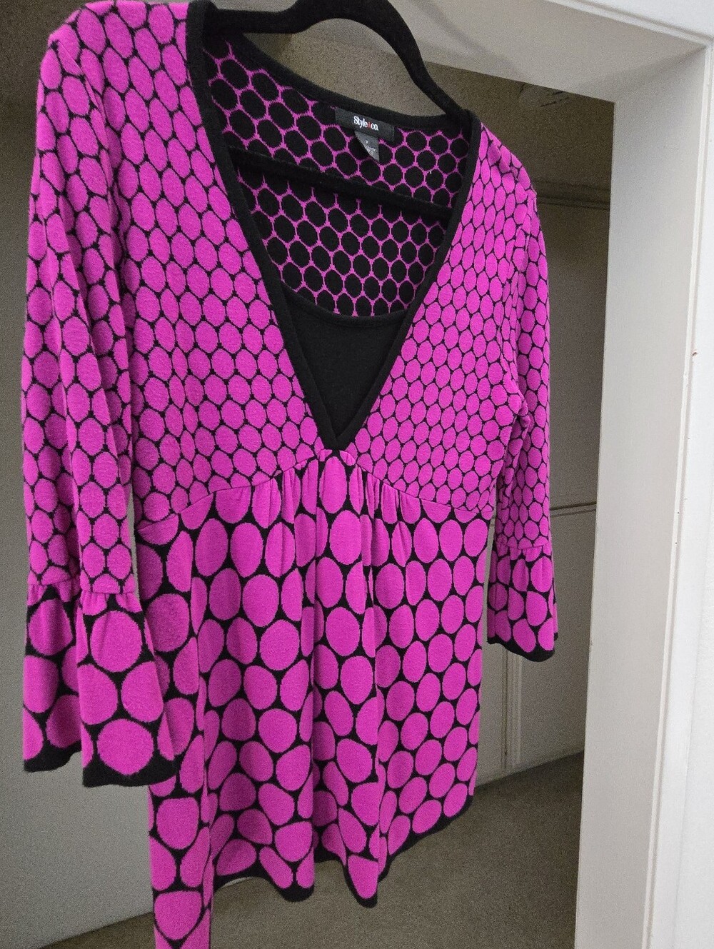 Style & Co. Fuchsia and Black Polka Dot V-Neck Tunic